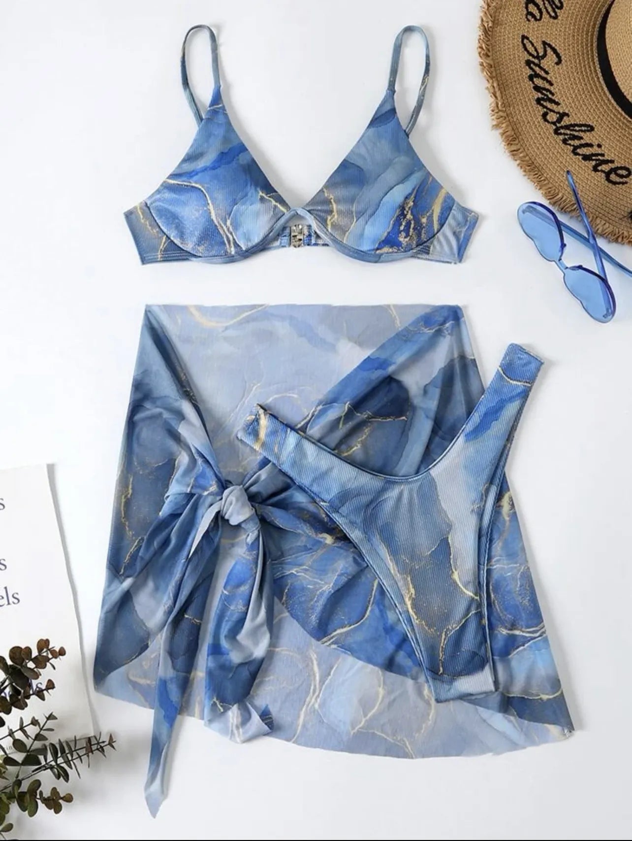 Marble Print Bikini Top And Bottom With Mesh Ribbed Fabric Sexy Beachwear