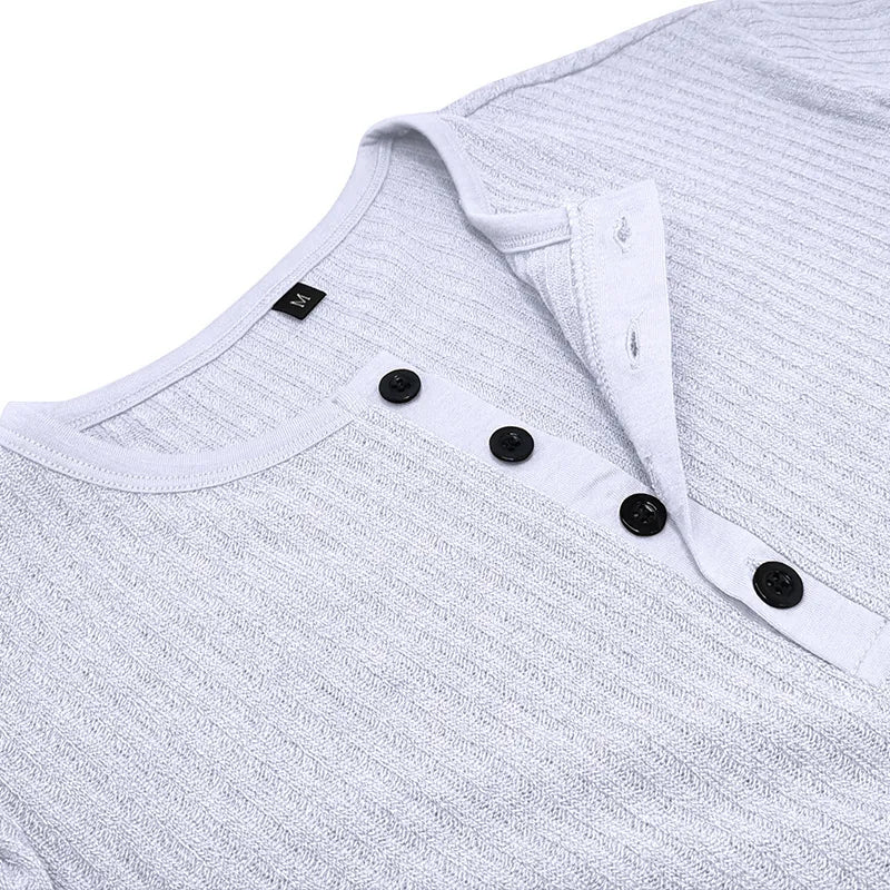 Men Casual Ribbed Knit Short Sleeve Henley Shirt Slim Fit Muscle Cotton Blend Button Up