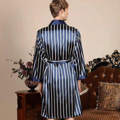 Men Satin Robe Long Sleeve Striped Bathrobe Lightweight Loungewear With Belt & Pockets
