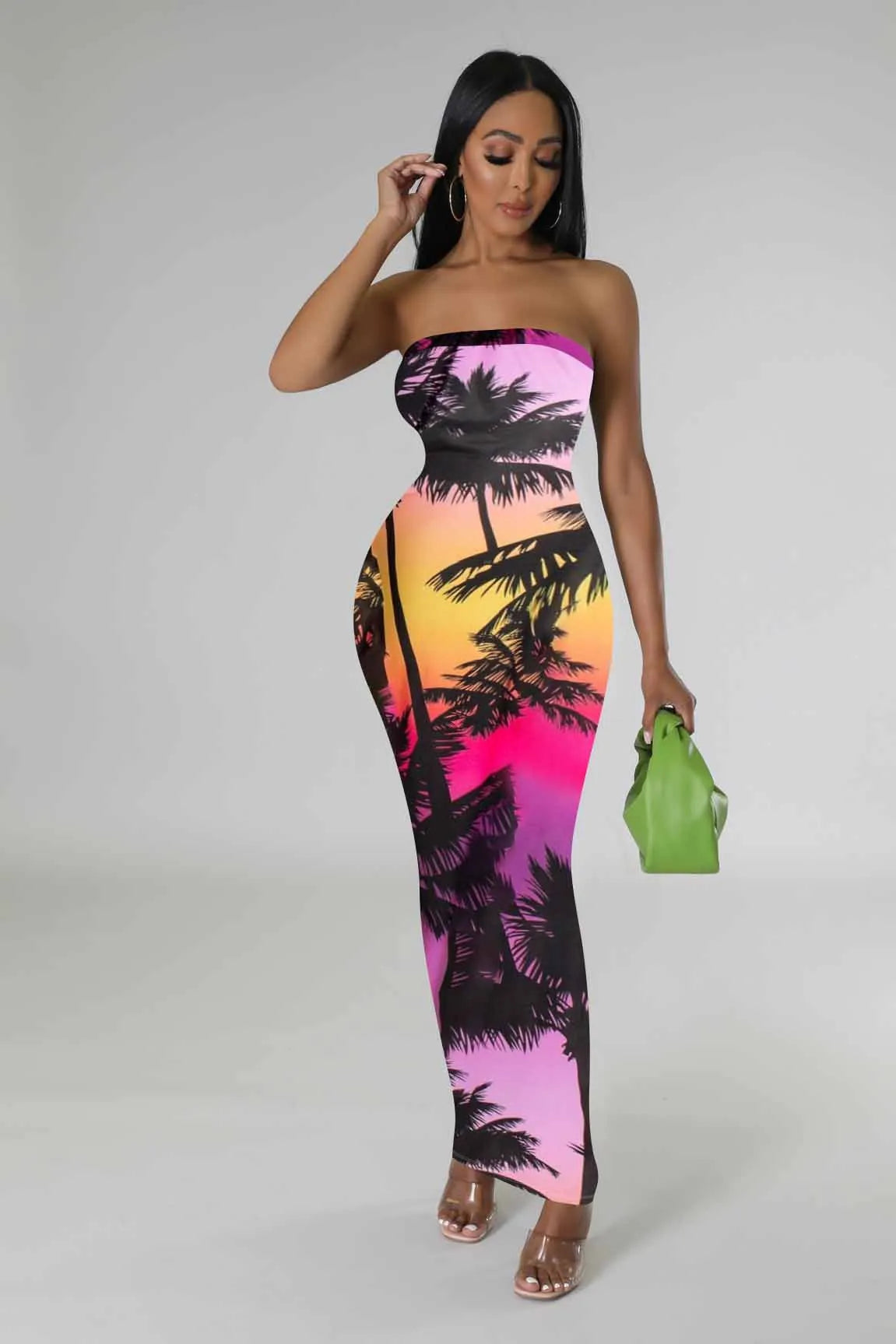 Women Sexy Digital Print Tube Top Maxi Dress Slim Fit Abstract Sunset Palm Tree Printed Strapless