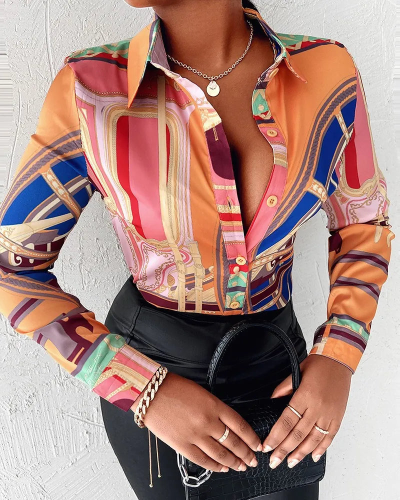 Women's Elegant Long Sleeve Blouse Vintage Baroque Chain Print Button Down