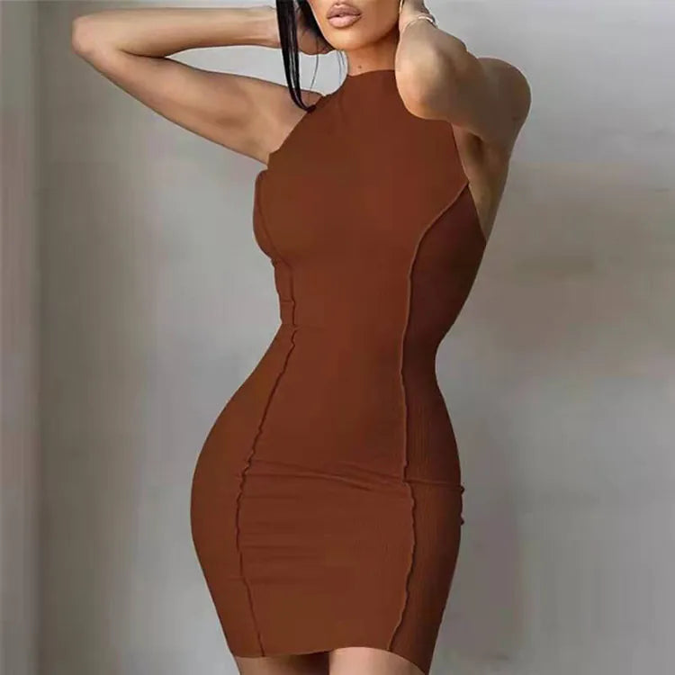Women Mini Dress Ribbed Knit Sleeveless