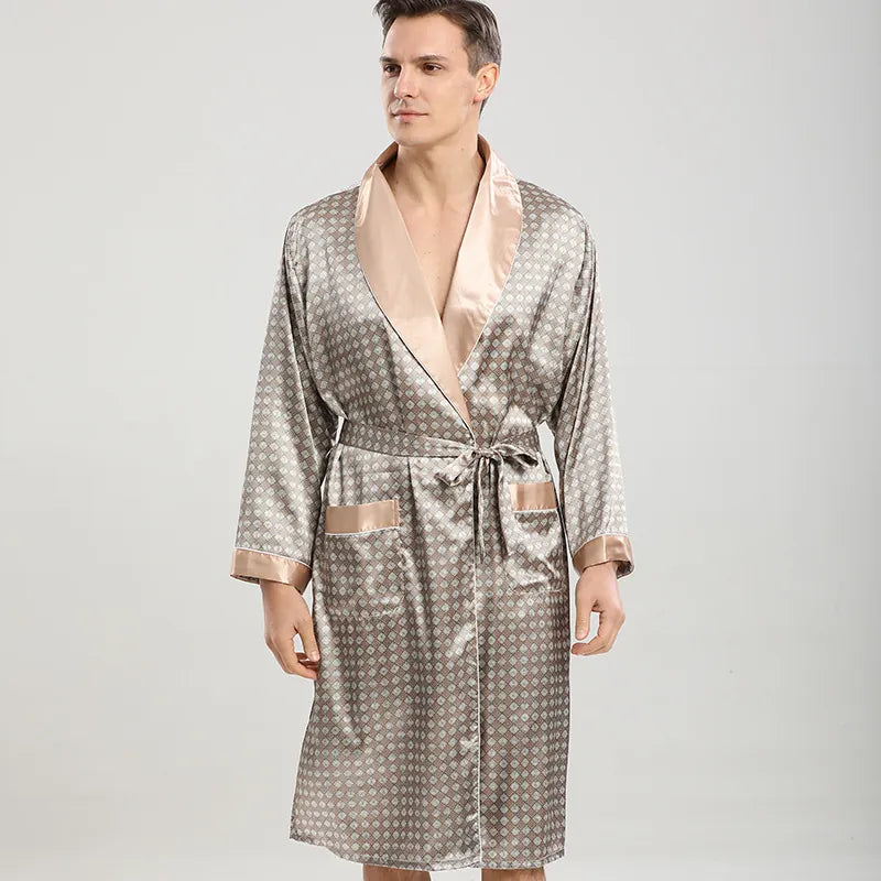 Men Satin Robe Long Sleeve Striped Bathrobe Lightweight Loungewear With Belt & Pockets