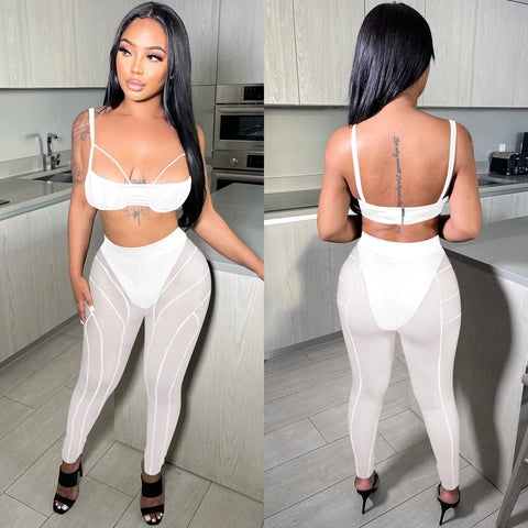 Sexy Mesh Sheer Crop Top And Pants Clubwear Party Suit Sleeveless Back Zipper High Waist Skinny Trousers Suit