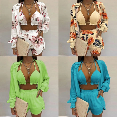 Sexy Vacation Shirt Top And Shorts Outfit Halter Bikini High Waist Bottom Long Sleeve Cover Up Floral Print