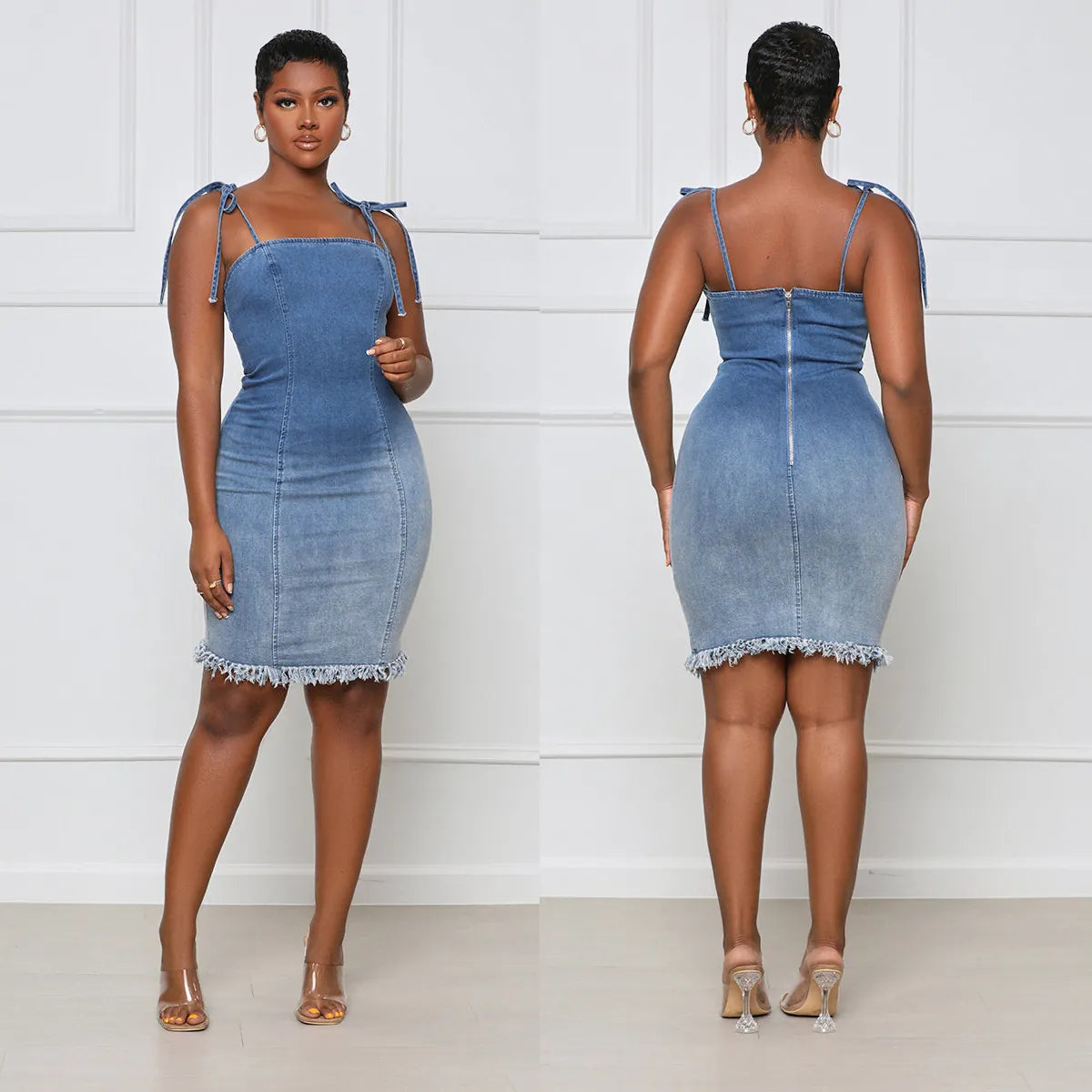 Women Sexy Backless Denim Midi Dress With Adjustable Straps Jean Dress w/ Back Zipper