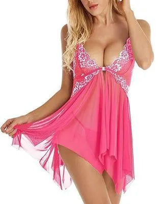 Women Sexy Lace Mesh Baby doll V Neck Sheer Lingerie Nightwear With Floral Trim