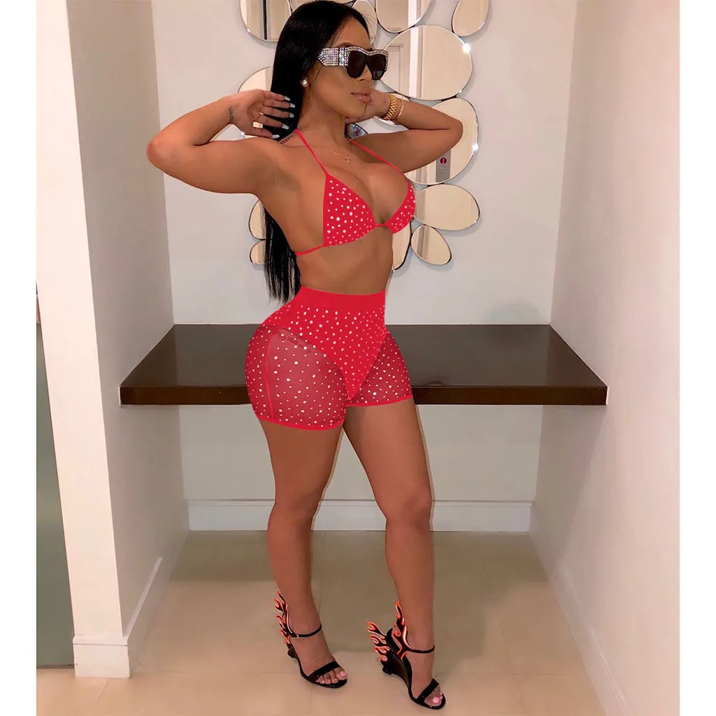 Sexy Two Piece Bikini Shorts Set Rhinestone Polka Dot Halter Top Mesh Patchwork High Waist Shorts Beach Party