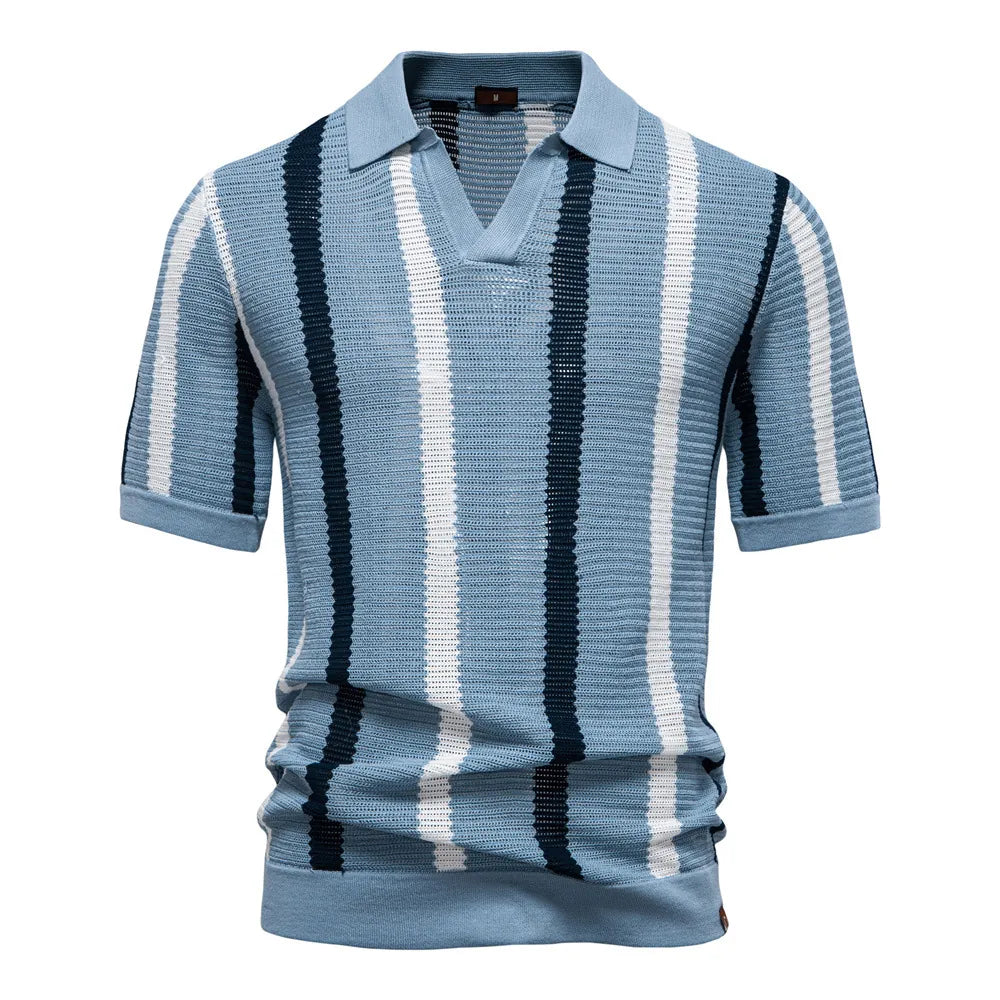 Summer Lightweight Men's Knit Polo Shirt Viscose Polyester Striped Breathable Hollow Short Sleeve