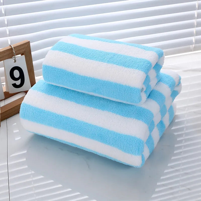 Striped Bath Towels Microfiber Coral Fleece Soft Absorbent Quick Dry Face Towels For Bathroom