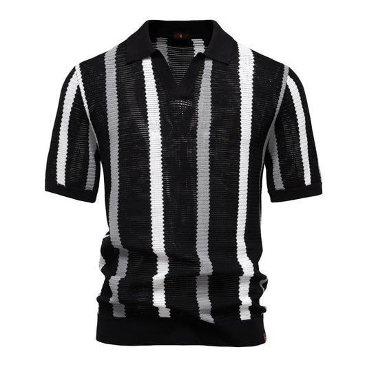 Summer Lightweight Men's Knit Polo Shirt Viscose Polyester Striped Breathable Hollow Short Sleeve