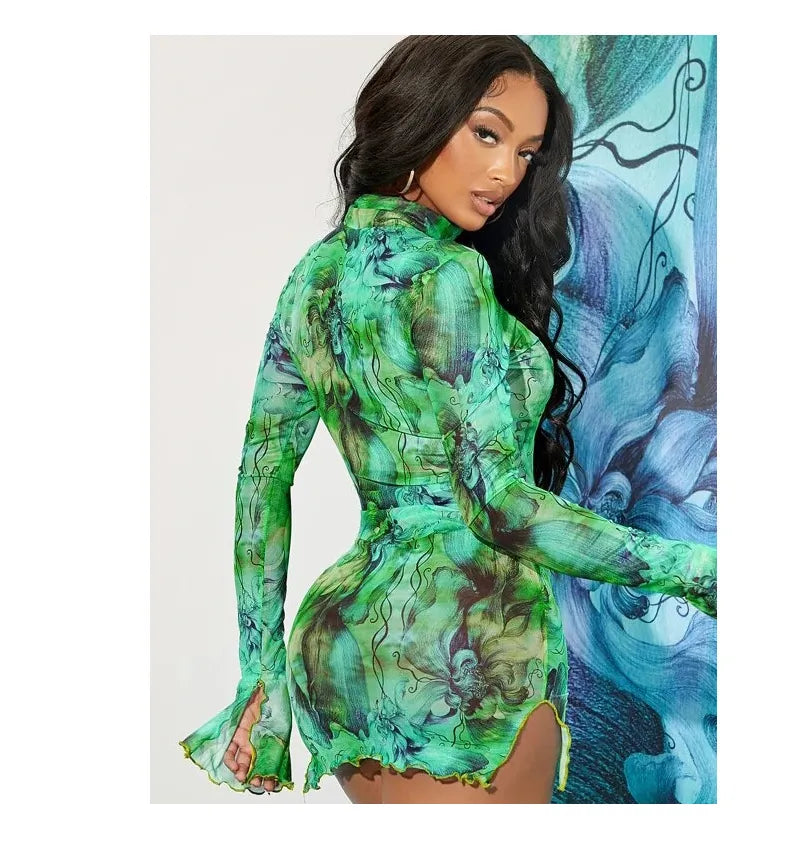 Women Sexy Mesh Abstract Print Mini Dress Long Flare Sleeve Mock Neck Slim Fit Sheer