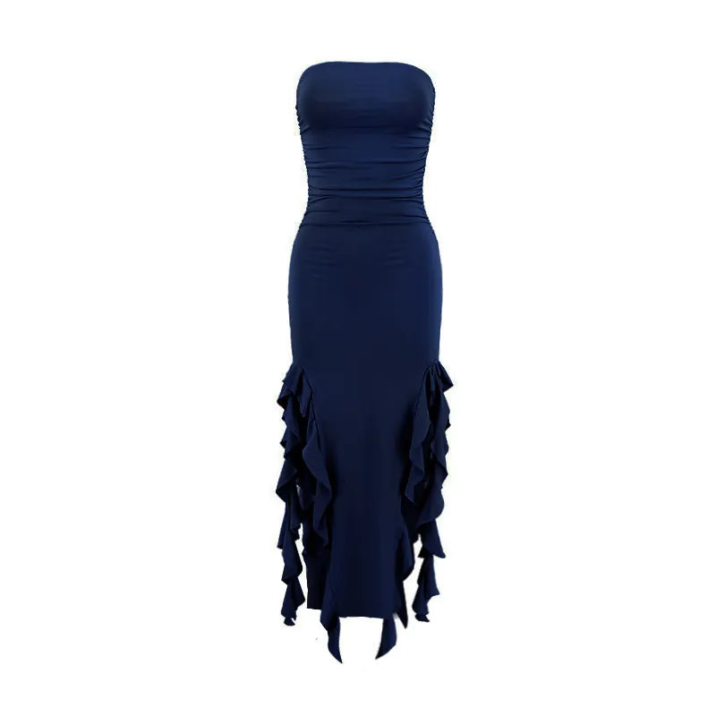 Women Sexy Strapless Ruched Midi Dress Ruffle High Split Slim Fit