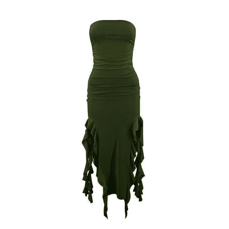Women Sexy Strapless Ruched Midi Dress Ruffle High Split Slim Fit