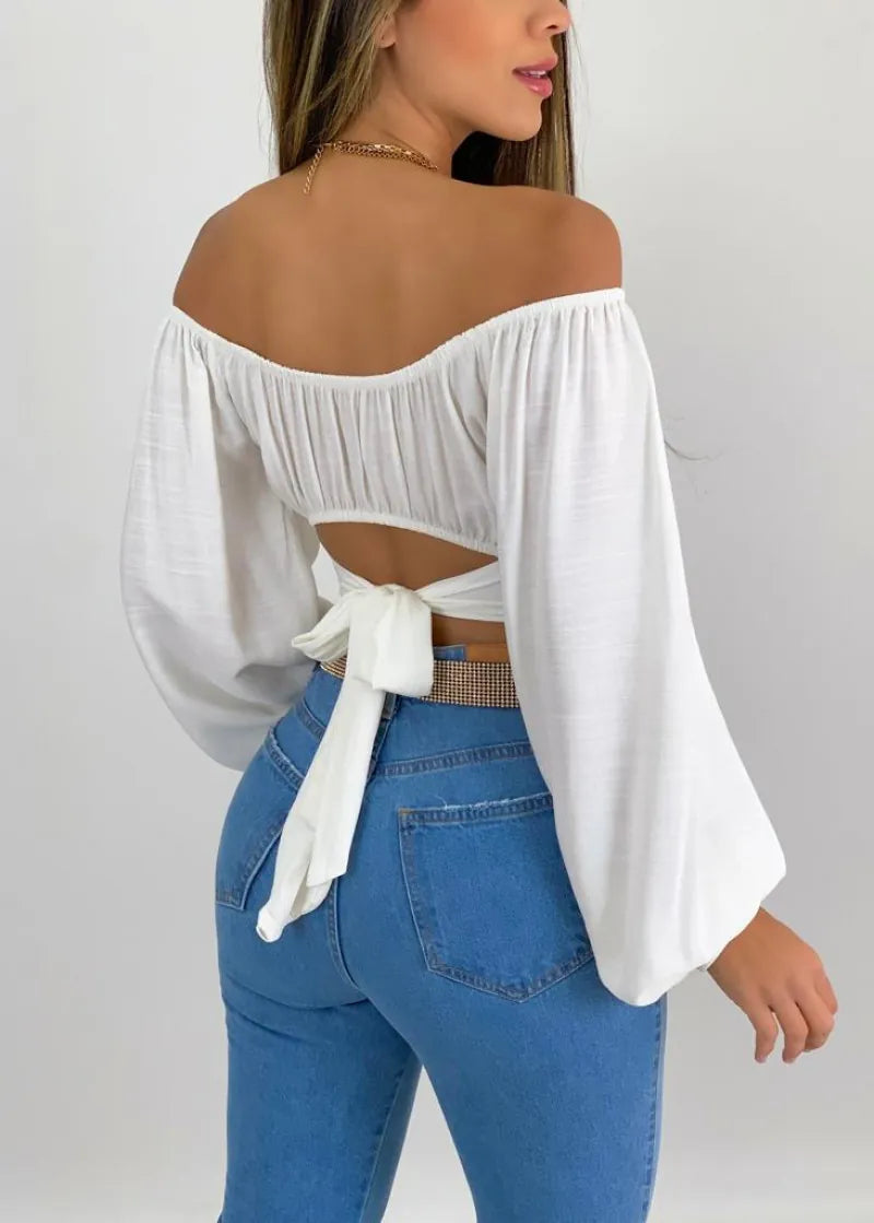 Women Sexy Off The Shoulder Crop Top Long Sleeve Tie Waist Polyester Solid Color Blouse