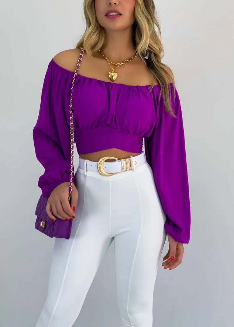Women Sexy Off The Shoulder Crop Top Long Sleeve Tie Waist Polyester Solid Color Blouse