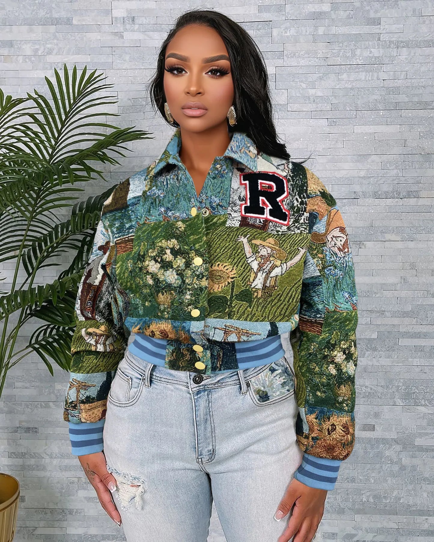 Floral Vintage Tapestry Bomber Jacket Women Retro Letter R Patch Varsity Jacket