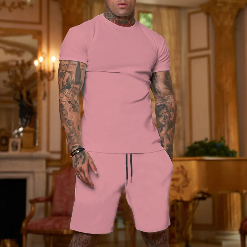 Men Short Sleeve Round Neck T-Shirt And Drawstring Shorts