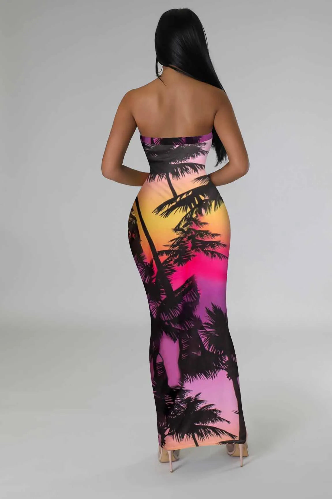 Women Sexy Digital Print Tube Top Maxi Dress Slim Fit Abstract Sunset Palm Tree Printed Strapless