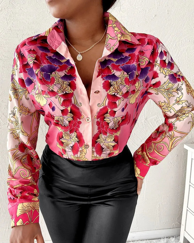 Women's Elegant Long Sleeve Blouse Vintage Baroque Chain Print Button Down
